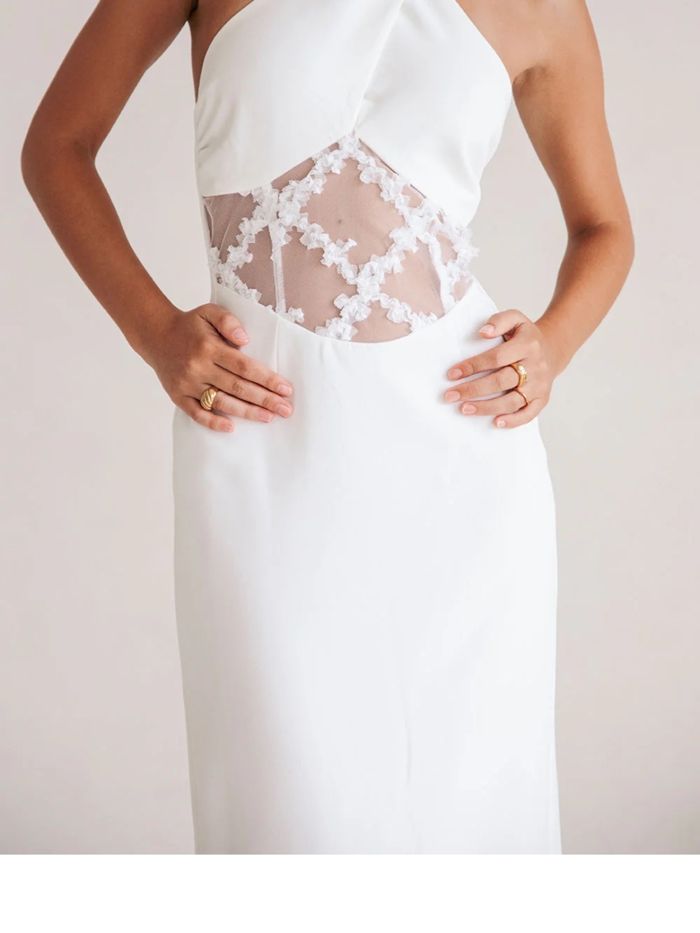 White Halter Midi Dress with Lace Cutout - Picture 2 of 5